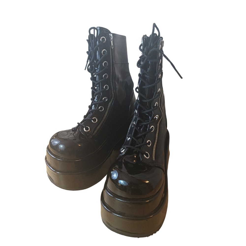 Demonia Glossy Black Platform Moto Boots